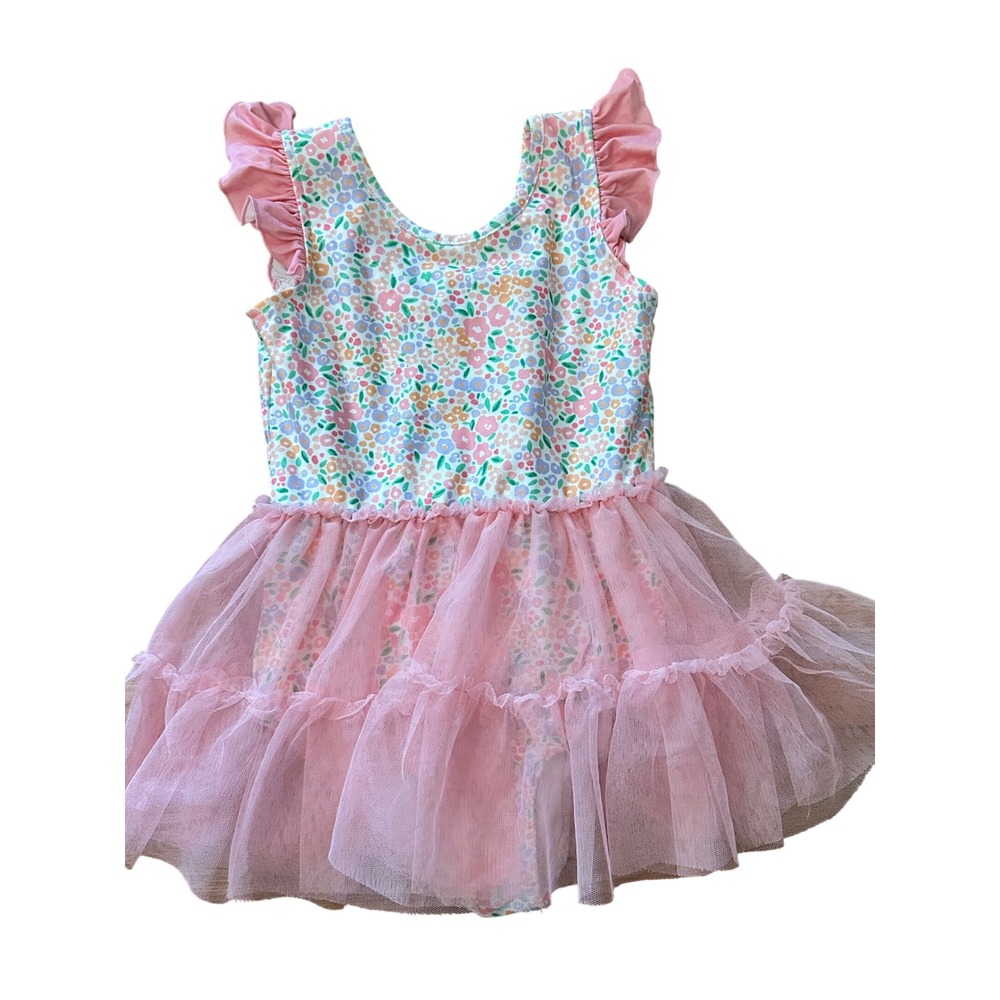 Caden Lane Kids Pink Floral Tutu Leotard Dress Flutter Sleeve Size 5/6 Dance